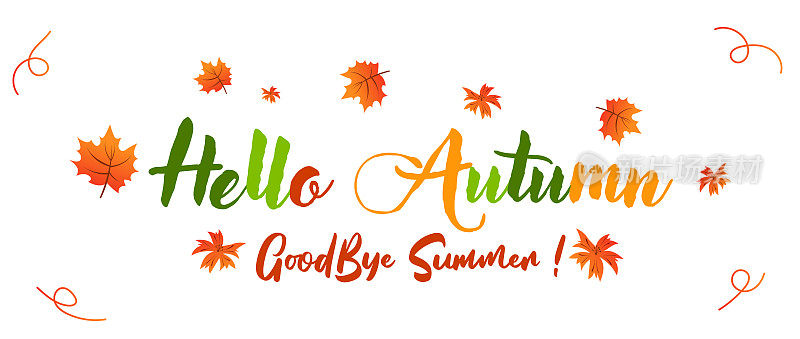 Hello autumn矢量问候设计与秋季字体和多彩的秋季枫叶